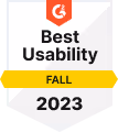 Kicksta G2 Best Usability badge, Fall 2023